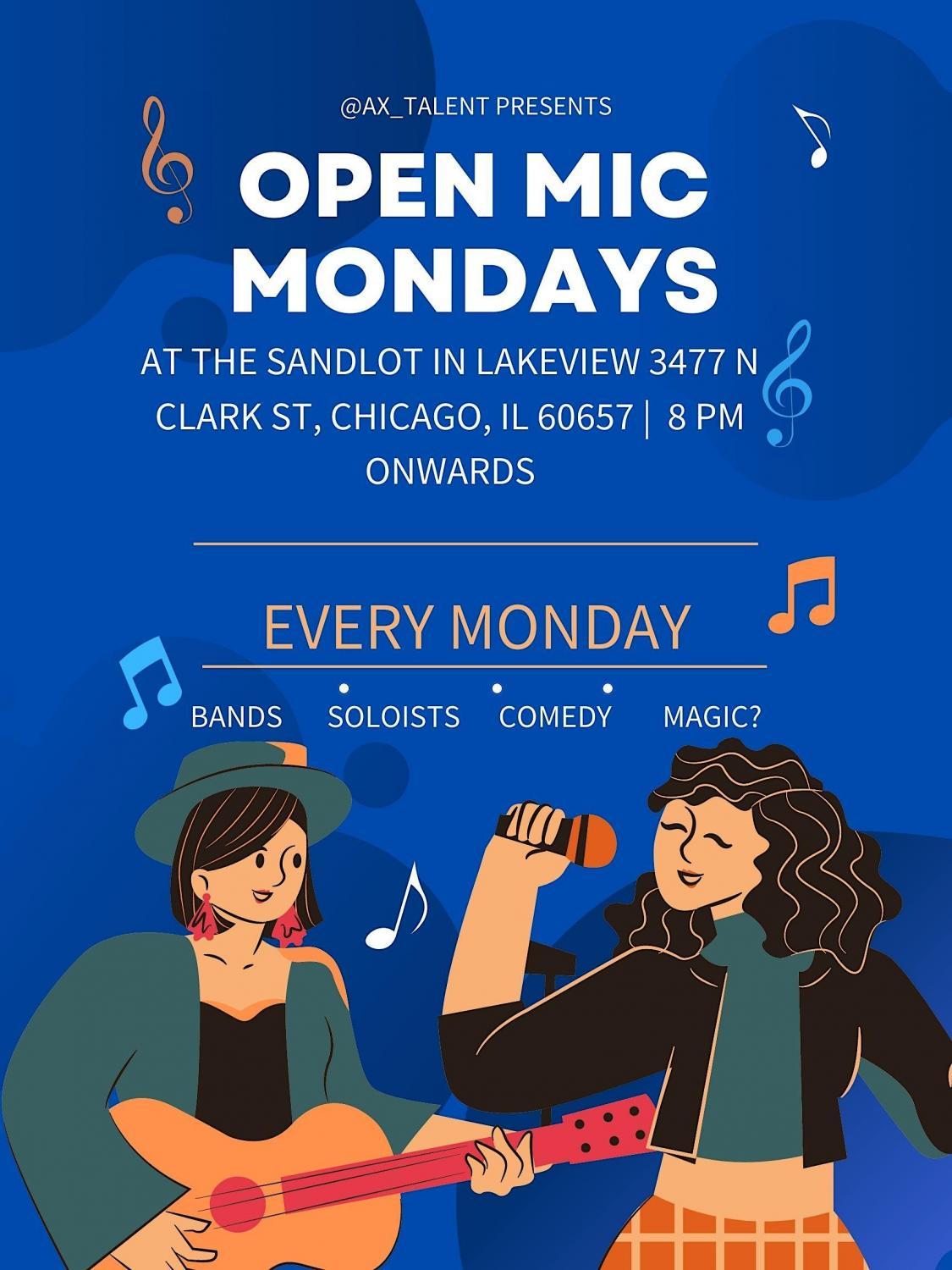 Open Mic Mondays + Jam at The Sandlot Wrigleyville!
Mon Dec 26, 8:00 PM - Tue Dec 27, 2:00 AM
in 52 days