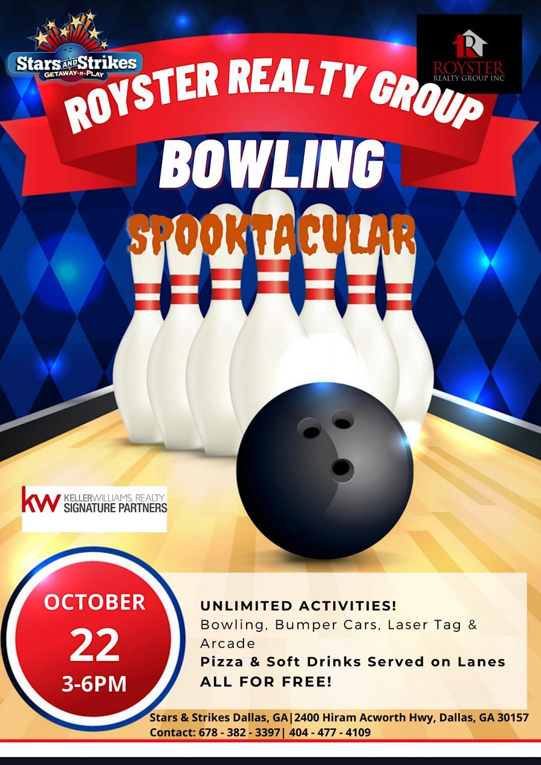 Royster Realty Group Bowling Spooktacular
Sat Oct 22, 3:00 PM - Sat Oct 22, 6:00 PM
in 2 days