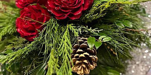 Festive Holiday Arrangement Workshop with wine and cheese at Restoration