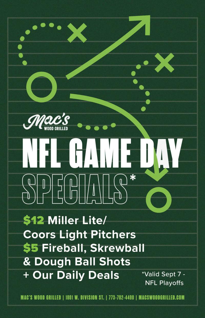 NFL Game Day Deals at Mac’s Wood Grilled