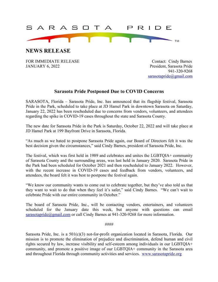 Sarasota Pride 2022!
Sat Oct 22, 12:00 PM - Sat Oct 22, 5:00 PM
in 2 days