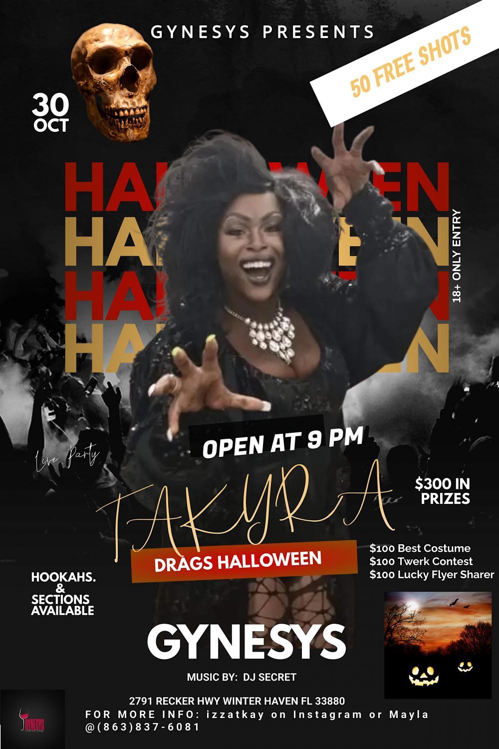 Takyra Drags Halloween
Sun Oct 30, 9:00 PM - Mon Oct 31, 12:00 AM
in 10 days