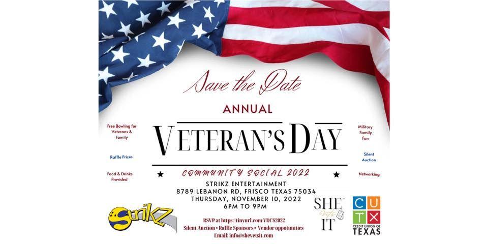 Veteran Community Social
Thu Nov 10, 5:00 PM - Thu Nov 10, 8:00 PM
in 21 days