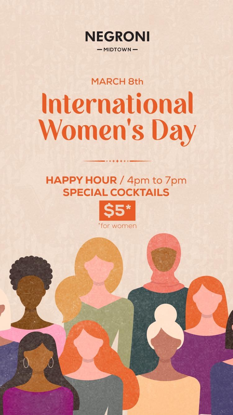 $5 Happy Hour Cocktails for Women ONLY at Negroni Midtown: International Women’s Day