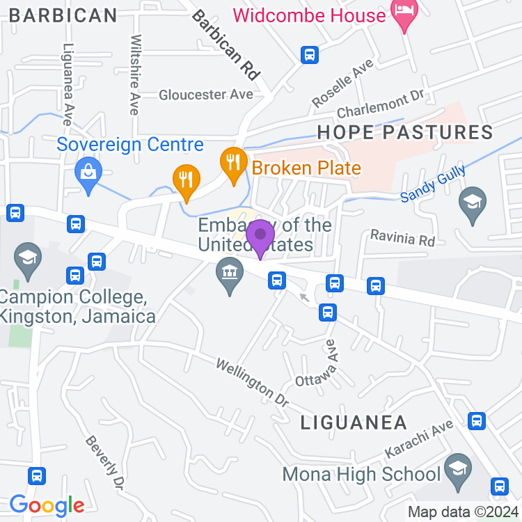 Map showing US Embassy Jamaica